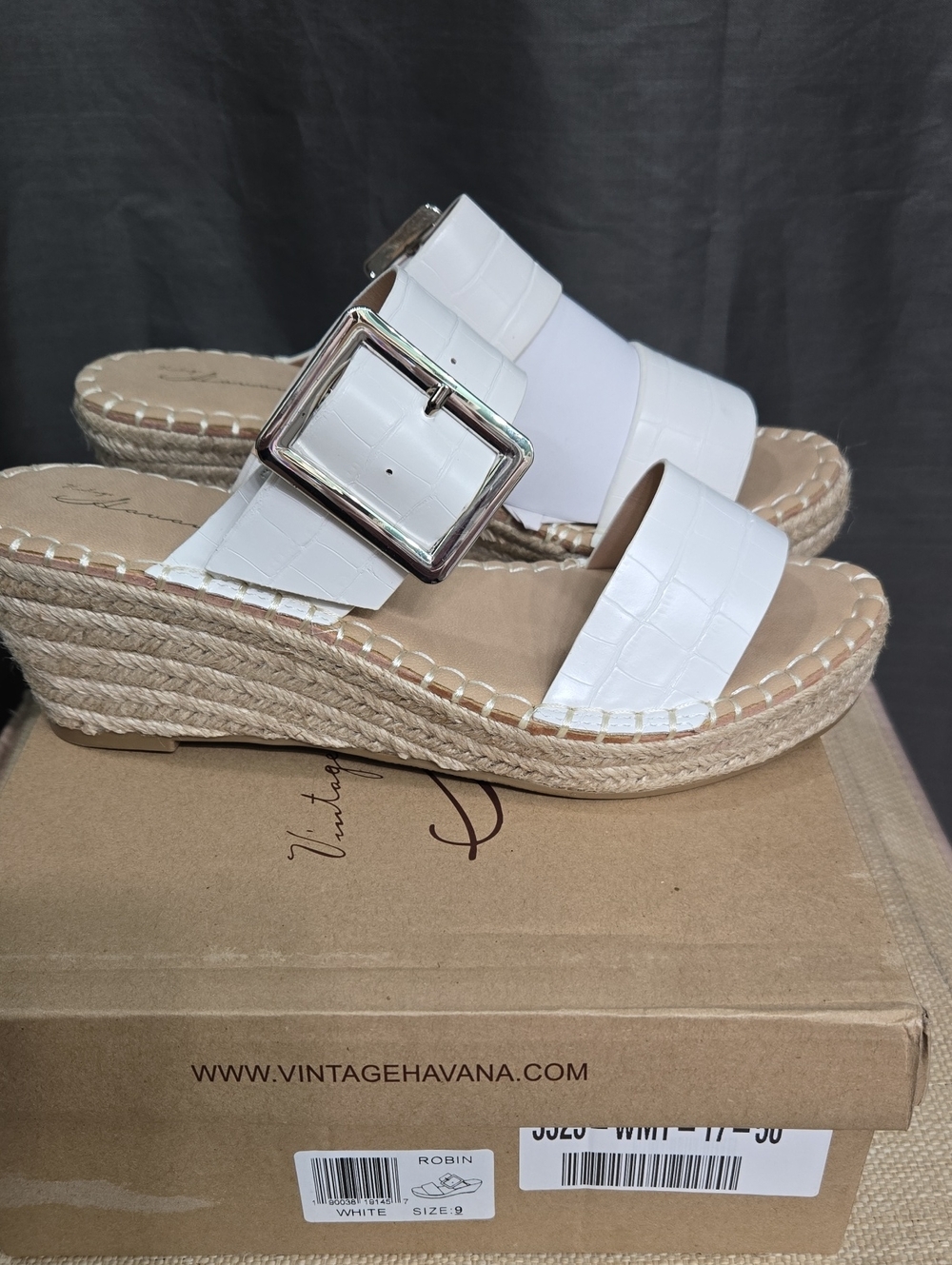 Vintage Havana White Croc-Embossed Espadrille Wedge Sandals with Silver Buckle